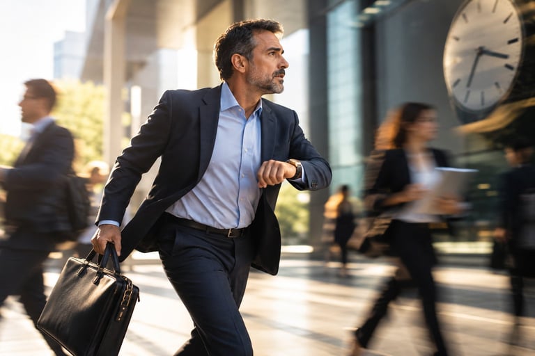 Businessman in dark blazer and light blue shirt hurries down busy urban street carrying leather briefcase, checking his watch among blurred pedestrians and tall buildings.