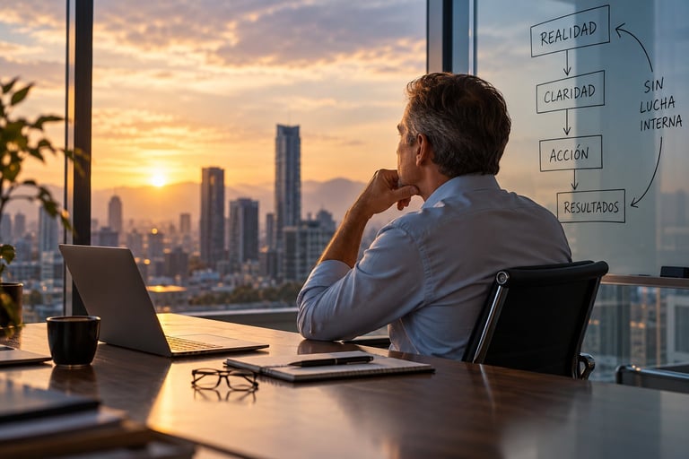 Businessman sitting at desk in high-rise office, gazing at sunset cityscape while working on laptop with business diagram on window glass.